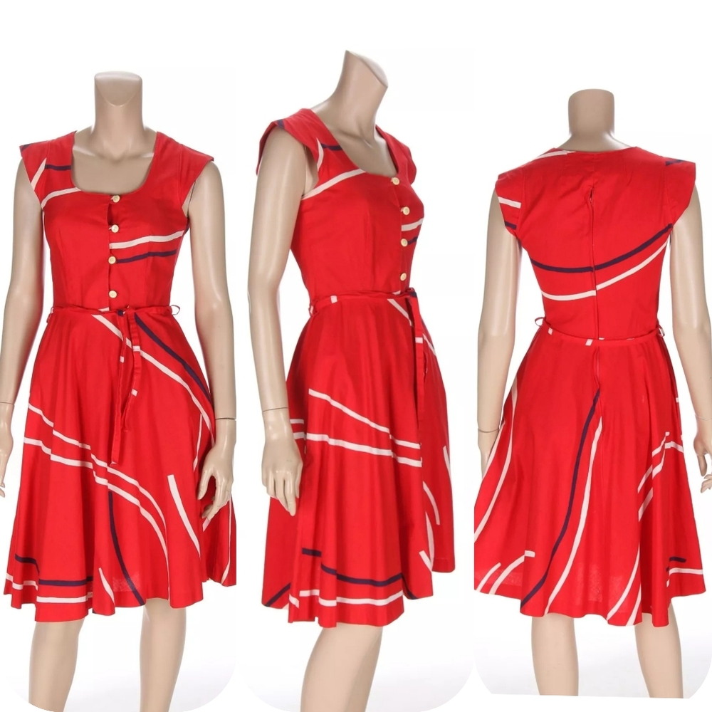 Merry Finn Vintage 70s 80s Red Striped Cotton Circle Skirt Dress sz 8